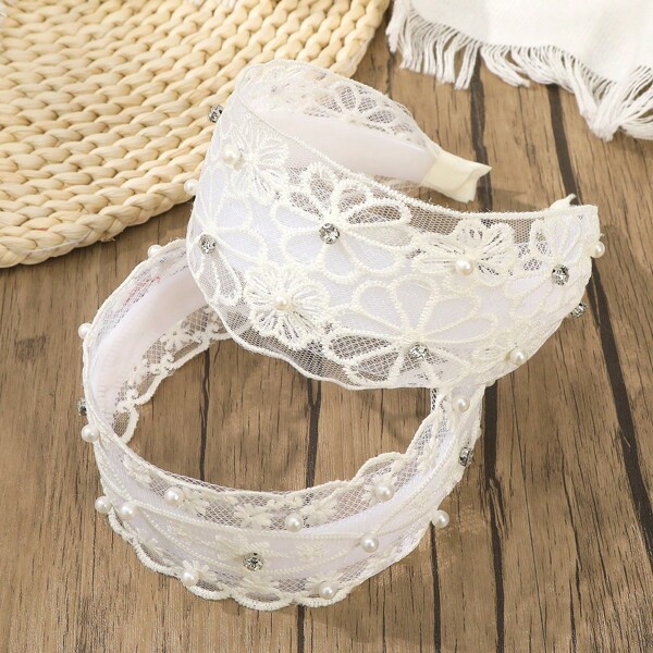 Elegantes breites Blumen Spitzen Haarband, Spitzen Haarband für Frauen und Mädchen, Boho Haarreif Haraccessoires Vintage Perlen Blumen Stickerei Haarband für Hochzeit und Alltag, weißes Haarband, Haarreif Haarband für Frauen, Haraccessoires