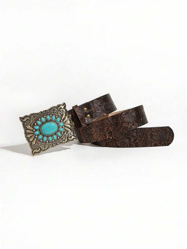 1pc Women's Fashion Embossed Bohemian Style Rhinestone Decor Belt
