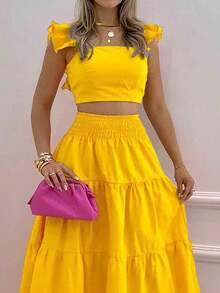 ZIAI Bộ đồ 2 món thời trang mùa hè 2025 mới dành cho nữ, gồm váy hai dây cạp trung, kiểu dáng xòe, họa tiết bắt mắt. - Màu vàng - Xem 3