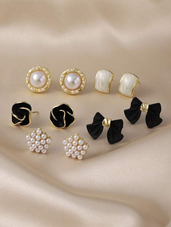 Set de 5 pares de pendientes de botón con diseño de flor de camelia negra vintage, moño, estrella y geometría con perlas falsas. Pendientes elegantes y minimalistas de calidad, adecuados para uso diario y ocasiones festivas de las mujeres
