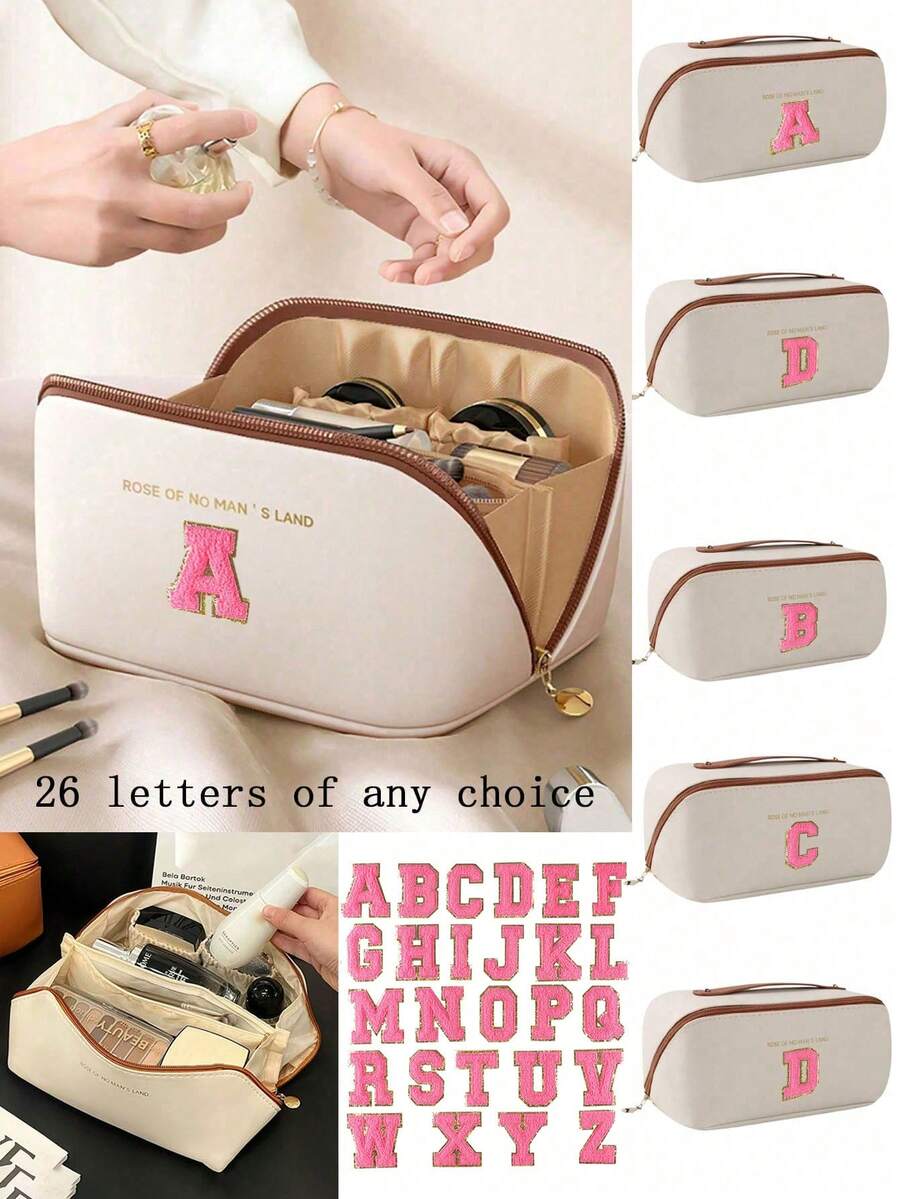 1pc 26 Letter Cosmetic Storage Bag, PU Leather Waterproof Cosmetic Bag, Large Capacity And Spacious Double-Layer Cosmetic Bag, Multi-Function Ladies' Travel Handbag, Cosmetics Sorting Bag - Multicolor - View 1