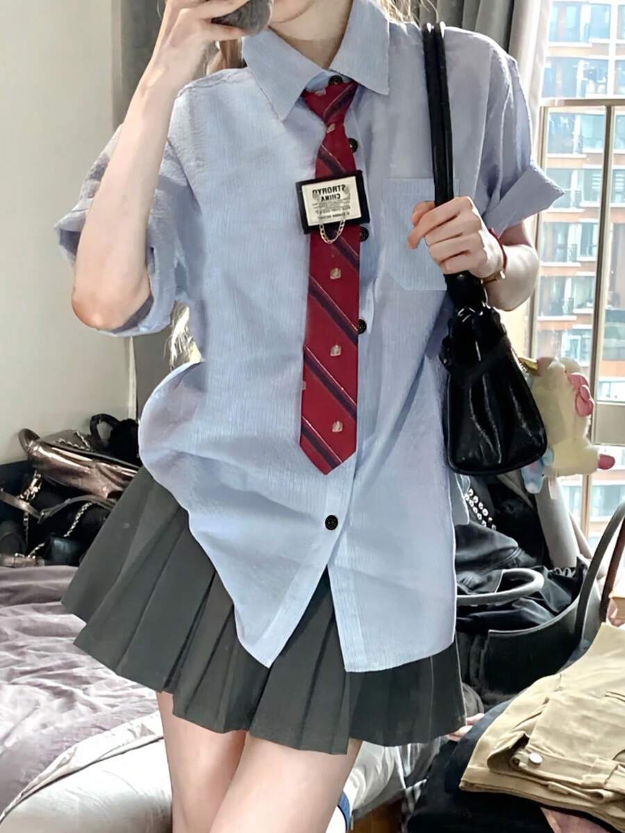 Áo cánh voan ngây thơ mùa hè phong cách đại học, thon gọn & đa năng (trừ cà vạt và thiệp) - Màu xanh lam - Xem 1