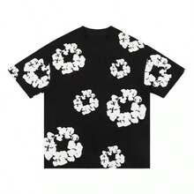 New Men's Women's Same Casual Loose Kapok Foam Printing Short-Sleeved T-Shirt With Shorts Set  Floral  All Over Print  Casual   Vestidos De Verano - 黑白短袖 - 查看 1