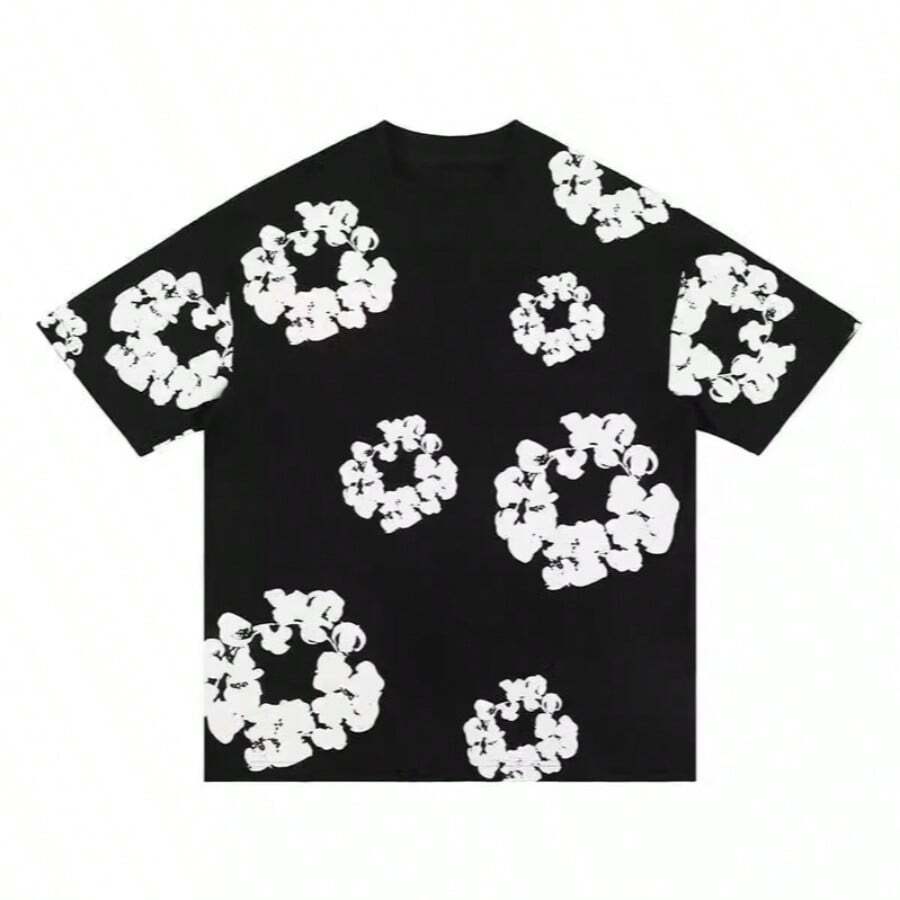 New Men's Women's Same Casual Loose Kapok Foam Printing Short-Sleeved T-Shirt With Shorts Set Floral All Over Print Casual Vestidos De Verano - 黑白短袖 - 查看 1