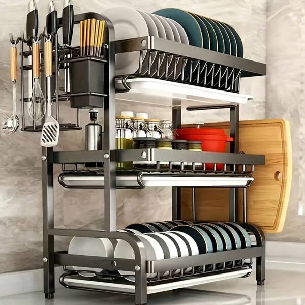 High-Quality Carbon Steel Three-Tier Dish Rack With Drainage And Separation For Dry And Wet Ware, Includes Utensil Holder, Cutting Board Holder, Bowl Holder, Cup Holder, And Drainage Pipe, Black Metal With White Accents,Perfect For Kitchen Storage