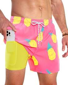 Bañador de hombre con forro de compresión, pantalón corto de baño de 5 pulgadas de entrepierna para hombres - Piña amarilla - Ver 1