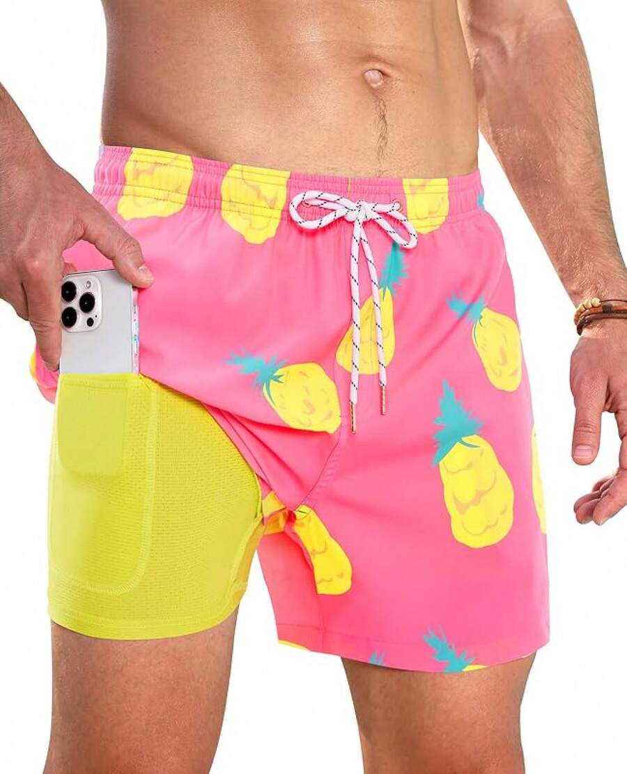 Bañador de hombre con forro de compresión, pantalón corto de baño de 5 pulgadas de entrepierna para hombres - Piña amarilla - Ver 1