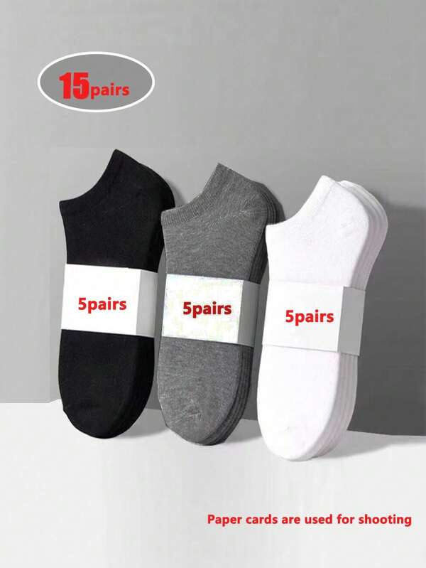 15 Pairs Women's Short Socks, Black White Grey Solid Color, Fashion Versatile Simple