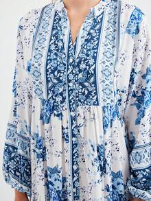 Women's Solid Color Tassel Tie-Front Lantern Sleeve Ruffle Hem Elegant Dress - Turquoise - View 2