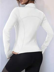 Plus Size Zipper Long Sleeve Sports Jacket With Tight Fit, Thumbhole Cuffs, For Women, Fitness, Yoga, Running - White - View 2