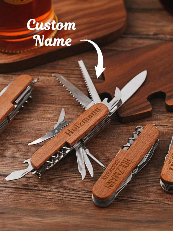 1 Stück kundenspezifisches Imitat eines Schweizer Messers, mit eingraviertem Personenname, 11 in 1 Multifunktionsmesser, Messer mit Holzgriff und Klappmechanik, Outdoor Camping Multitool Messer, tragbar, kleines Geschenk, Geschenk zum Vatertag, Geschenk für den Trauzeuge, Geschenk für Vater, Freund