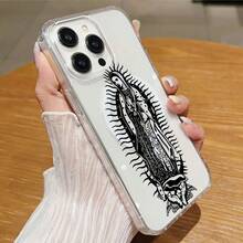 Virgin Mary Mobile Phone Case, Adorned With Intricate Lace Patterns And Sun Rays Design, Suitable For IPhone 16, 15, 14, 13, 12 And 11 Pro Models, Made Of TPU Material, And Provides Shockproof Protection. Perfect For Family, Friends, Children, Birthdays, Spring, Holidays, Boyfriends, Girlfriends, And Valentine's Day Gifts. - Clear - View 5