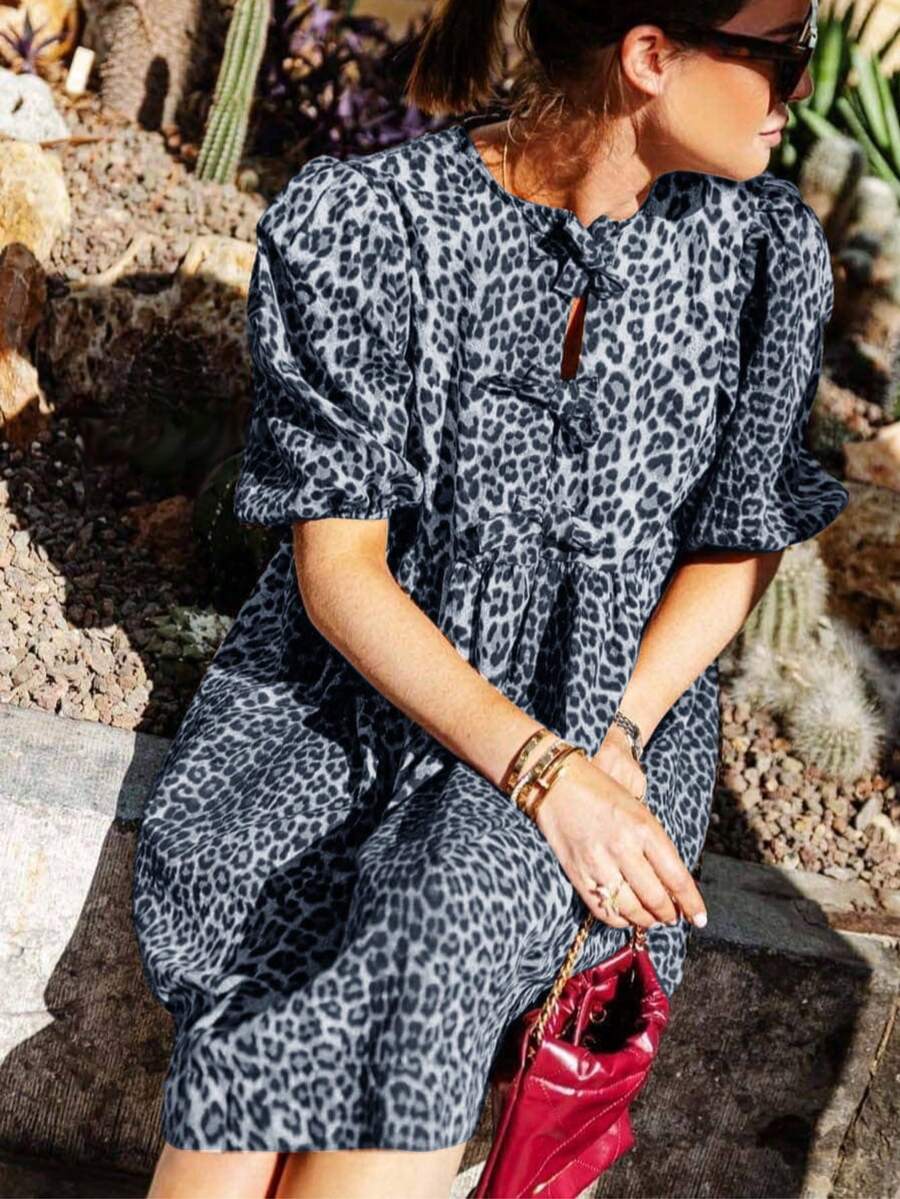 Women Elegant Leopard Print Round Neck Tie Front Short Sleeve Mini Dress - Dark Grey - View 1