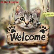 1 pezzo Segno di benvenuto in legno stile vintage con adorabile design a gatto, stampa 2D piatta, legno di alta qualità, facile da montare a muro per casa, bar, ristorante, idea regalo unica per spazi piccoli, decorazione a tema gatto