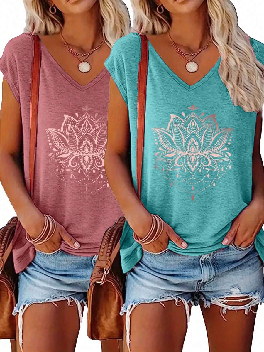 2 件纯色 V 领短袖 T 恤，女士休闲上衣，春夏季 - 彩色 - 查看 1