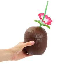 Juego de decoración para fiesta hawaiana - Vaso de coco de plástico de gran capacidad con pajita, diseño tropical de flores y piña, reutilizable, apropiado para celebraciones temáticas, decoración de fiestas | Tema tropical | Vasos de fiesta reutilizables fáciles de limpiar, accesorios para la piscina | Estilo tropical | Vasos de plástico duraderos, decoración de fiesta hawaiana