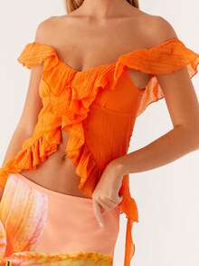 Women Off Shoulder Tops Ruffle Trim Solid Color Backless Showing Navel Shirts Summer Streetwear - Orange - View 4