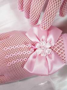 1 双儿童蕾丝镂空蝴蝶结公主手套（适合派对节日活动） - 粉色 - 查看 2