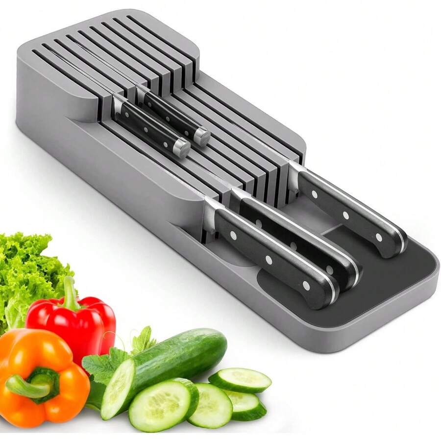 Portacuchillos de cajón mejorado, portacuchillos de 2 niveles para 9 cuchillos, extraíble y antideslizante, con ranura para protección de cuchillos para organizar y almacenar cuchillos en la cocina. - Gris - Ver 1