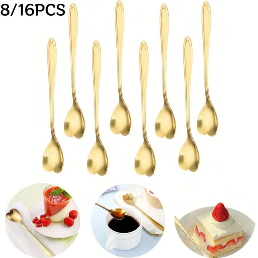 Cucharas de café con forma de corazón de acero inoxidable, cuchara dorada para postre, accesorios deé, vajilla de cocina, decoración, juego de regalos, 8/16 Uds. 22TR - Corazón 16 piezas - Ver 1
