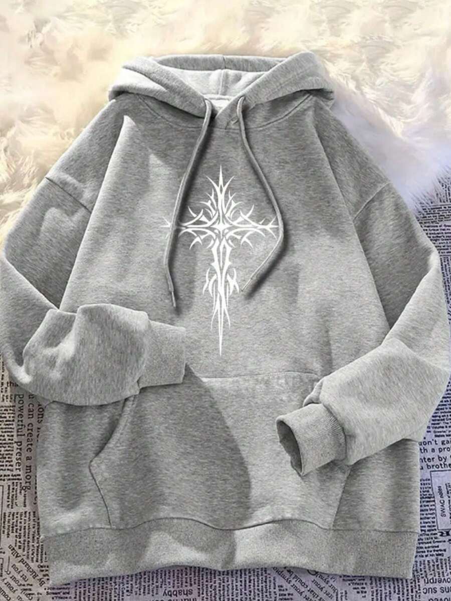 Kangaroo Print Sweatshirt Stylish Casual Elegant All Season Comfortable Sweatshirt With Adjustable Drawstring Hood - Xám - Xem 1
