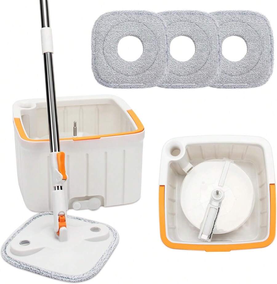 Mop And Bucket Set, Easy-To-Use Spin Mop With Separate Dirty Water System, Deep-Cleaning Mops For Floors, Versatile Mops For Walls (4 Thick Mop Pads) - 白色 - 查看 1