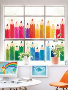 Bộ 27 miếng dán cửa sổ hình bút chì màu nước, dán hai mặt, họa tiết bút chì nhiều màu sắc, thích hợp cho ngày đầu tiên đi học, mùa tựu trường, trang trí tường lớp học, kính, bảng đen, tổng cộng 9 tờ. - Nhiều màu - Xem 5