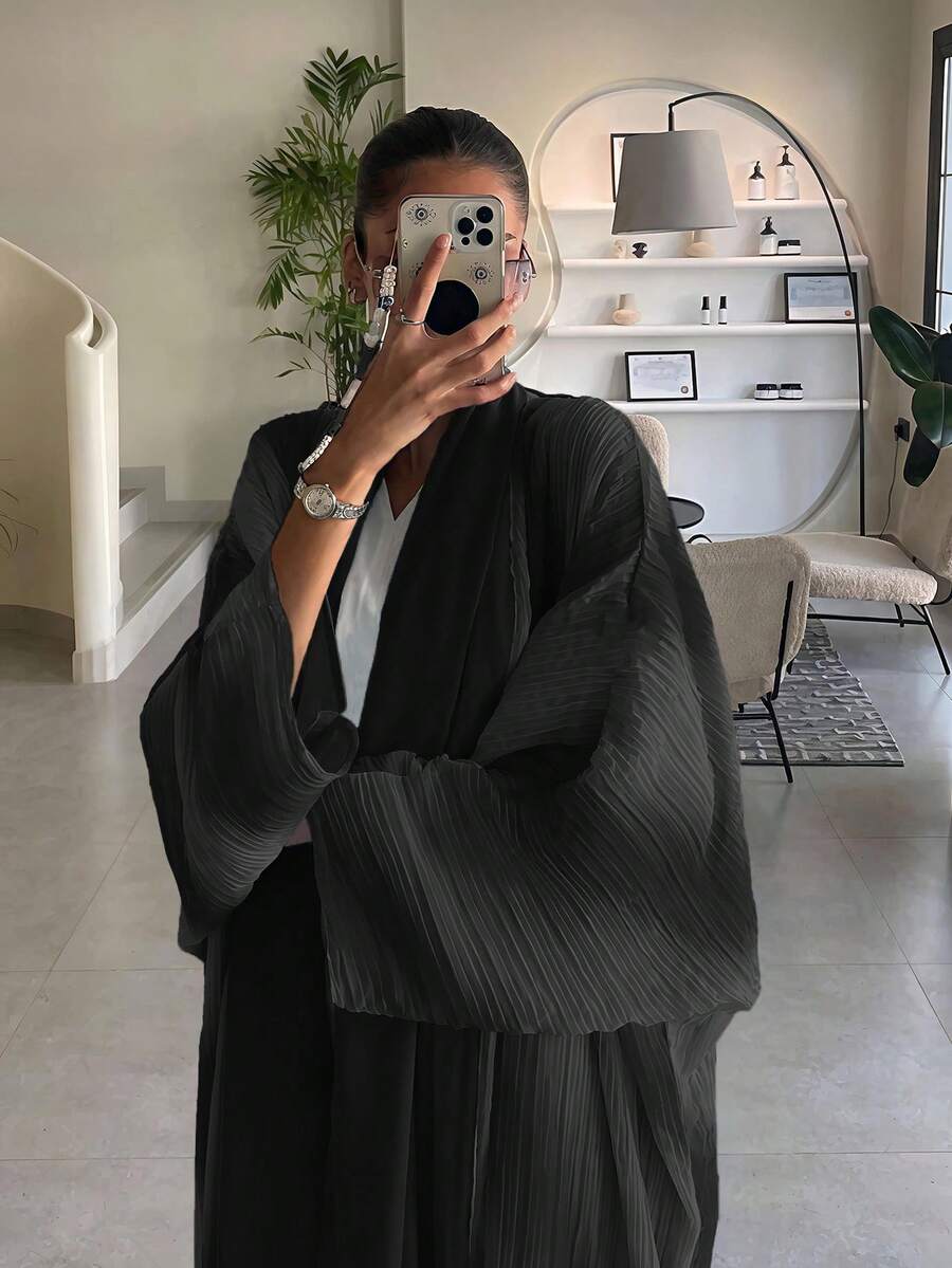 一件扎染优雅休闲长袍，阿拉伯迪拜时尚沙特开衫长袍披肩，适合日常穿着和聚会，黑色 - 黑色 - 查看 1