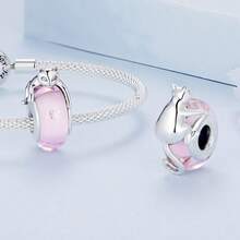 WOSTU 1 件 925 纯银可爱粉色花朵蝴蝶猫欧洲穆拉诺玻璃珠饰品适用于 DIY 制作手链女孩珠宝礼物