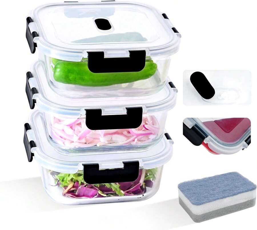 SAEIV Glass Containers With Lids, Three-Piece Storage Jars, Glass Bowls With Lids (800 Ml), Transparent Storage Jars, Glass Meal Preparation Containers With Steam Vent Lids, Glass Storage Jars With Lids - 透明方形3x800ml - 查看 1