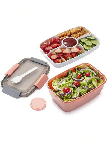 一套多功能沙拉碗 - 包括一个大沙拉碗、一个便当盒托盘、一个防漏酱料盒、一个盖子和一把叉子，适合健康成人午餐；可放入洗碗机/微波炉，厨房必备，圣诞礼物，通用