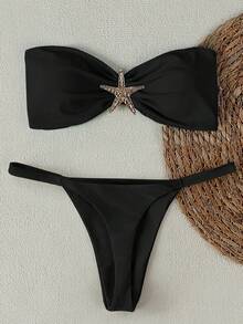 新款春夏欧美休闲性感优雅黑色纯色无肩带海星图案女士比基尼套装，适合海滩度假派对约会 - 黑色 - 查看 1