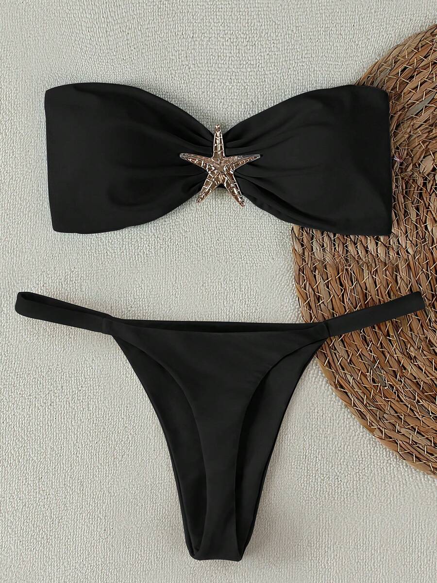 新款春夏欧美休闲性感优雅黑色纯色无肩带海星图案女士比基尼套装，适合海滩度假派对约会 - 黑色 - 查看 1