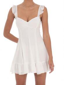 Women's Summer Mini Dress – Floral Pink Spaghetti Strap With Ruffled Hem, Sweetheart Neckline Sleeveless Party Dress - trắng - Xem 1