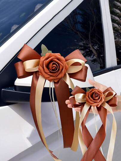 1PC Wedding Car Rearview Mirror Door Handle Bow Decoration European And American Retro Color Convoy Flower, Wedding Chair Back Float Flower Dual-Use Tie Flower, Satin Rose Tie Flower Wedding Supplies