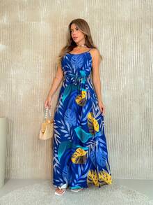 Women's Long Floral Dress With Adjustable Straps Summer - 藏蓝色 - 查看 2
