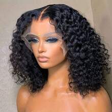13x4 Curly Short Bob Wigs HD Lace Frontal Human Hair Deep Wave Wigs Brazilian Pre Plucked With Baby Hair 200% Density Transparent Lace Wigs For Women Lace Front Wigs Natural Black Color - Natural Black - 查看 1