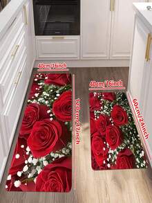 Half-Sheet Romantic Red Rose & White Starry Sky Floral Print Floor Mat, Suitable For Kitchen, Game Room, Laundry Room, Bathroom, Living Room, Bedroom, Indoor Entrance, Etc. - Red - View 15