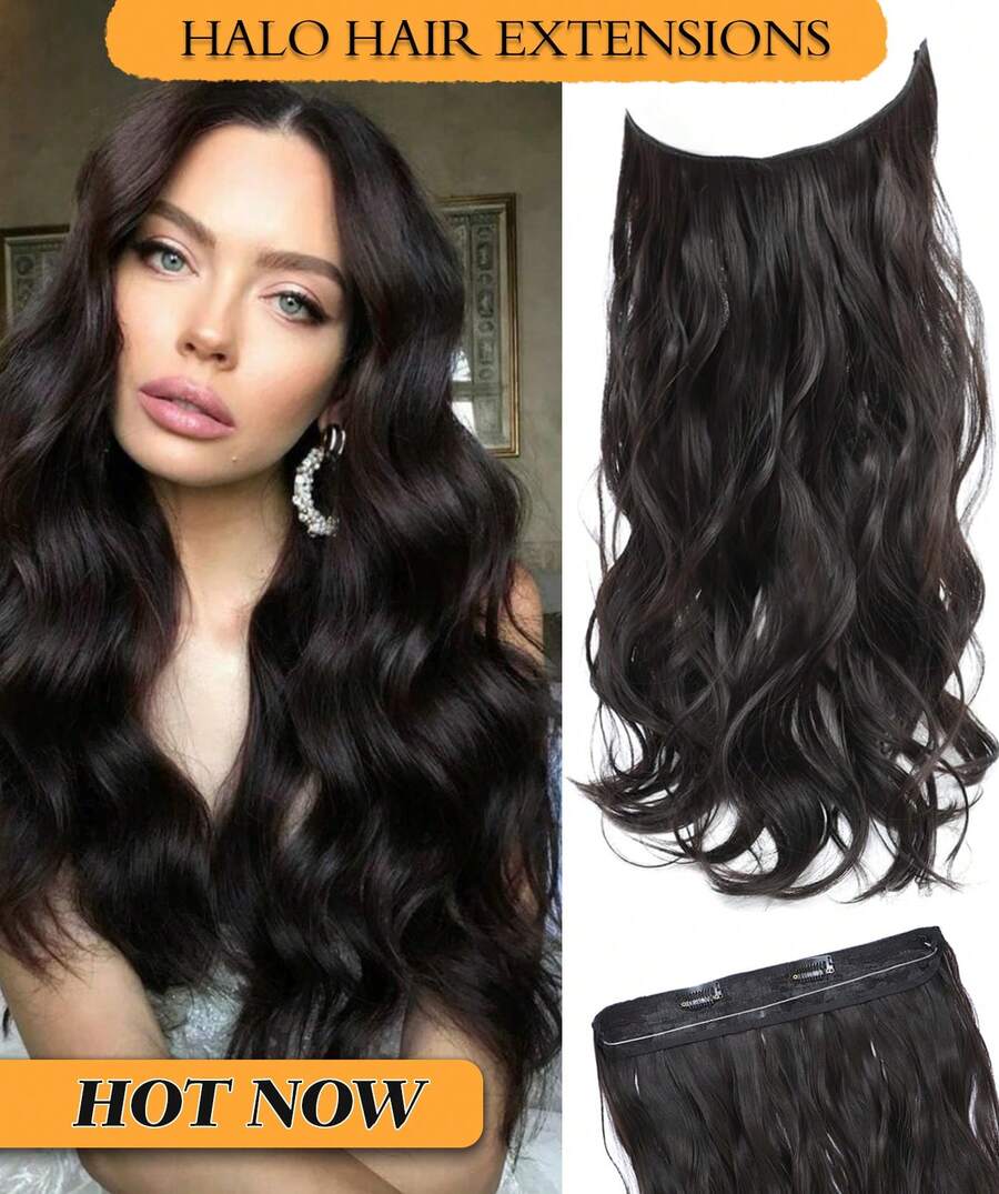 16" 20" Halo Hair Extensions Invisible Wire Hair Extensions With 2 Clips Synthetic Wavy Hairpiece Adjustable Transparent Headband For Women - Dark Brown - 查看 1