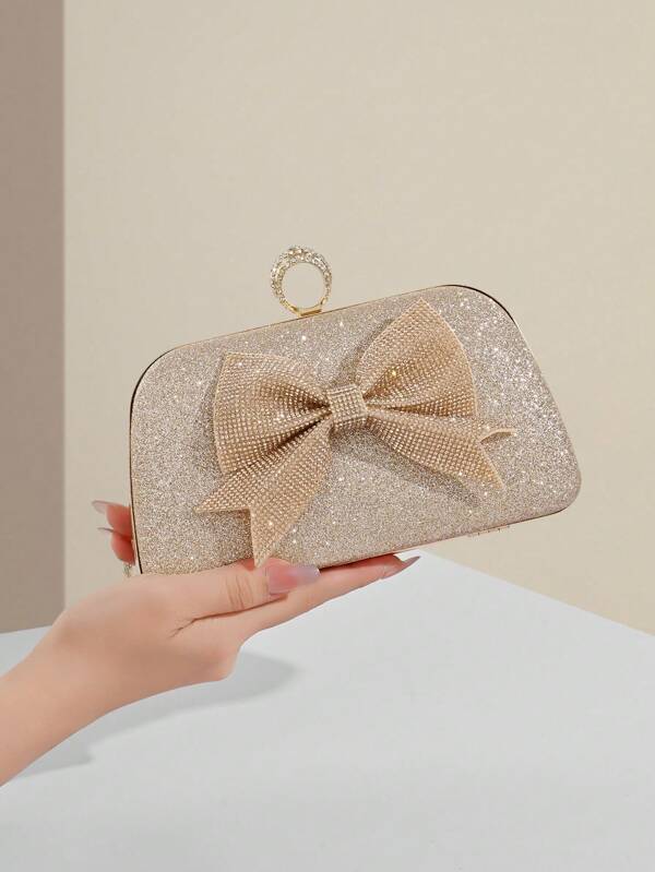 1pc Champagne Pink Metallic Round Lock Clutch Bag With Bowknot Rhinestone Decor, Elegant, Luxury, Portable, Versatile, Sequined Rhinestone Embellished Handbag Suitable For Party, Wedding, Evening Dress, Graduation Gift