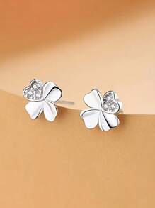 1 Pair 925 Sterling Silver Elegant Four-Leaf Clover Stud Earrings For Women, Inlaid With Synthetic Cubic Zirconia, Luxury Shining Design, Hypoallergenic, Suitable For Carnival And Music Festivals, 1 Pair Earring Gift