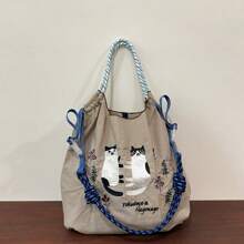 New Women's Crossbody Bag Nylon Shopping Bag Cat Embroidery Lightweight Tote Bag Folding Storage Suitable For Commuting Travel Leisure Outdoor Party Holiday Gifts