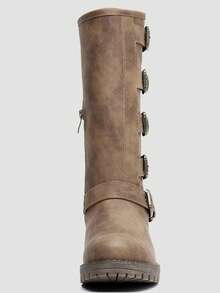 GLOBALWIN Chunky Mid Calf Fashion Dressy Motocycle Biker Military Style Combat Boots For Women Low Heel Fall Boots Halloween Season - 駝色 - 查看 7