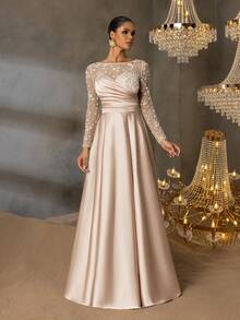 Faeriesty Đầm maxi dài tay cổ tròn thanh lịch dành cho nữ, đính hạt lấp lánh và chất liệu satin tương phản tạo nên vẻ quyến rũ, chi tiết xếp ly ở ngực, hoàn hảo cho thảm đỏ, dạ hội, đám cưới và các bữa tiệc sang trọng, tiệc cưới, vũ hội hóa trang, tiệc vườn huyền bí, bữa tối trang trọng, sự kiện thắt cà vạt đen, váy tốt nghiệp và trang phục sinh nhật cho nữ, váy mùa xuân, trang phục mùa hè. - Rượu sâm banh - Xem 5