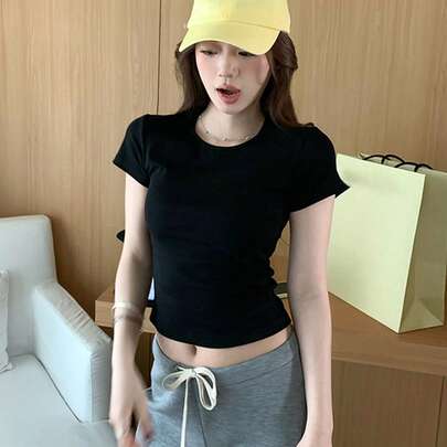 캐주얼 솔리드 컬러 피팅 라운드 넥 반팔 티셔츠