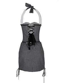 Ensemble 2 pièces Yuweiner Y2K composé d'un Top corset élégant avec nœud à l'avant, garniture en dentelle et dos nu, et d'une jupe moulante avec lacets de serrage sur les côtés et ourlet en dentelle. Tenue de printemps/été pour plage et vacances - Noir - Voir 3