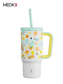 24盎司带把手保温杯，真空隔热不锈钢旅行杯，带吸管，真空隔热水瓶，可重复使用的不锈钢水瓶 - 保温/保冷长达24小时 - 白色 - 查看 2