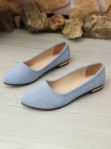 (Buy One Size Up If You Have Wide/Fat Feet) Women's Flat Pointed Toe Slip-On Loafers, New Soft Bottom, Low Heel, Non-Slip, Casual, Fashion, Blue Color, Lightweight, Solid, Breathable Flats - Baby Blue - View 2