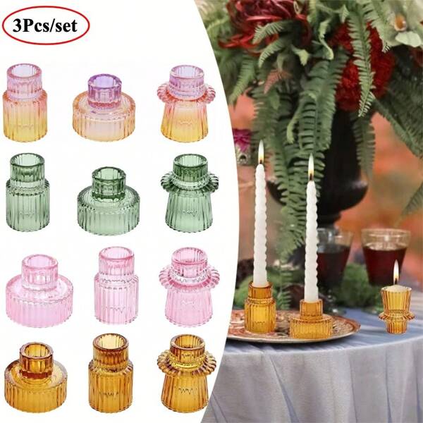 3 piezas Portavelas de vidrio acanalado vintage de doble cara para centros de mesa, decoraciones de bodas, cenas