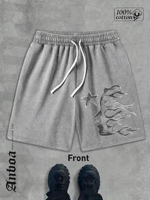 Star Flame Design Gradient Washed Shorts, Y2K 100% Cotton Men's Graphic Print Shorts, Men's T-Shirts, Custom Men's Tops, Men's Shirts, Summer Shorts, Personalized T-Shirts, Men's Graphic Shorts - 灰色 - 查看 1